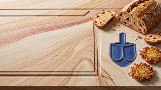 Hanukkah and Christmas Food Photography Copy Space Background Featuring Cranberry Loaf Bread Latkes and Ceramic Dreidel Dish on Sandstone Surface