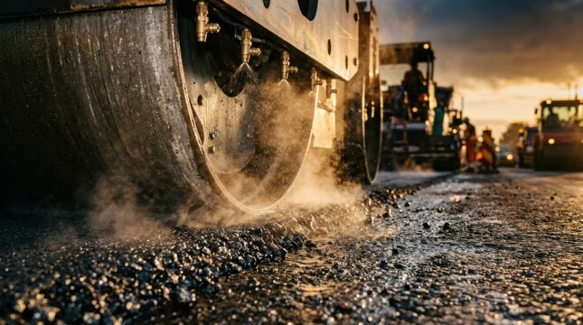 Heavy vibratory road roller steel compactor drum rolling over hot steaming black asphalt pavement with water spray nozzles and wet aggregate texture.
