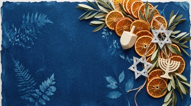 Cyanotype Hanukkah and Christmas Copy Space Background with Dried Orange Garland, Menorah, Star of David, Dreidel, and Olive Leaves on Textured Blue Paper
