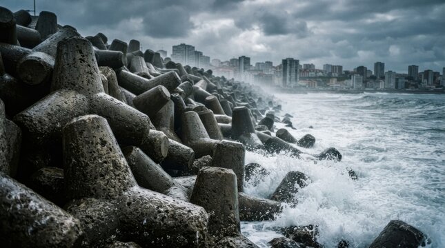 Massive interlocking concrete tetrapod blocks stacked on an engineered shoreline breakwater against ocean spray and a blurred coastal city skyline.