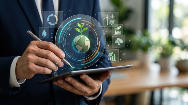 Business professional using a tablet with digital holographic icons representing sustainable energy, environmental protection, and green technology concepts