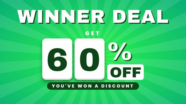 Motion graphics displaying a sixty percent winner deal discount offer on a green sunburst background with celebratory confetti.