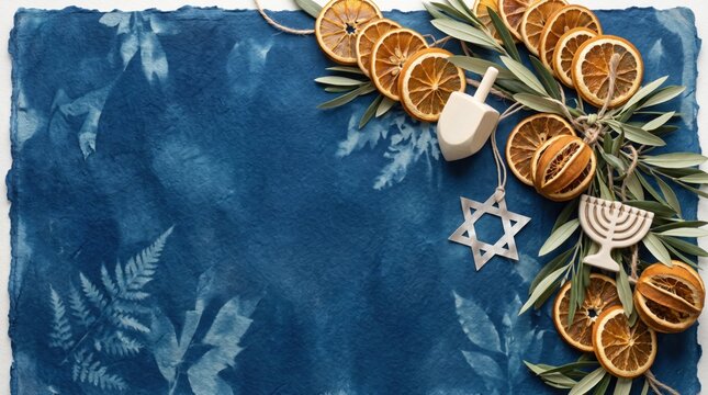 Natural Hanukkah and Christmas Copy Space Background featuring Cyanotype Fern Leaves, Dried Orange Garland, Wooden Menorah, and Star of David Ornaments