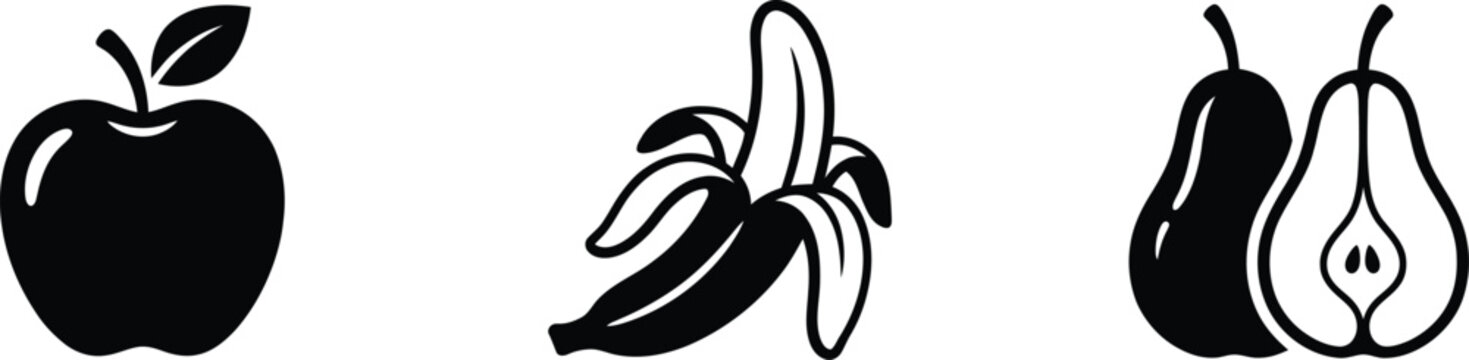 Set of black fruit glyphs featuring apple banana and pear on white background graphic design simple shape food icon fresh collection