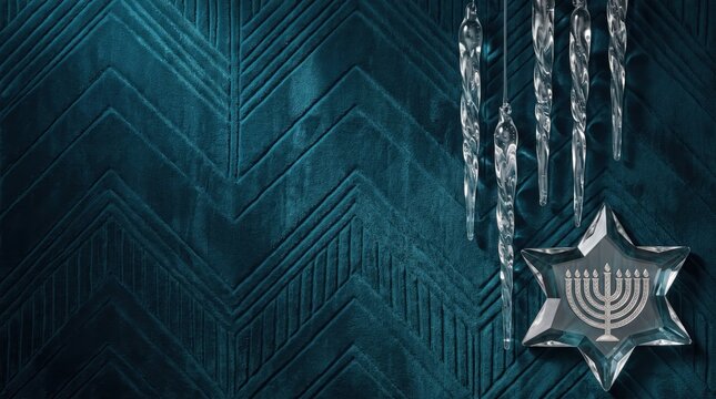 Elegant Hanukkah and Christmas glass icicles with Star of David Menorah ornament layout on Copy Space Background crafted in dark teal Velvet Texture luxury.