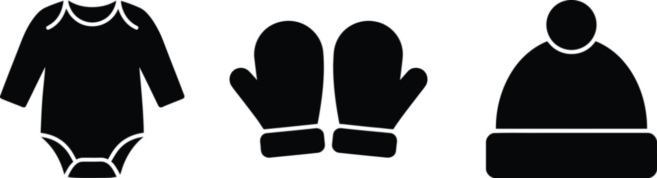 Essential baby clothing items including a onesie with mittens and a winter hat clothes graphic resources bodysuit collection