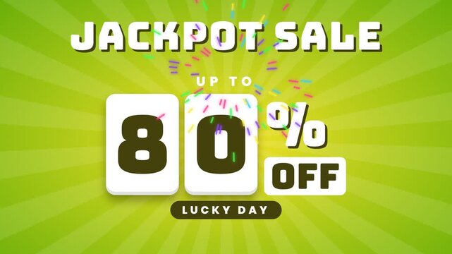 Animated jackpot sale promotion banner featuring an eighty percent discount offer with falling confetti on a green background