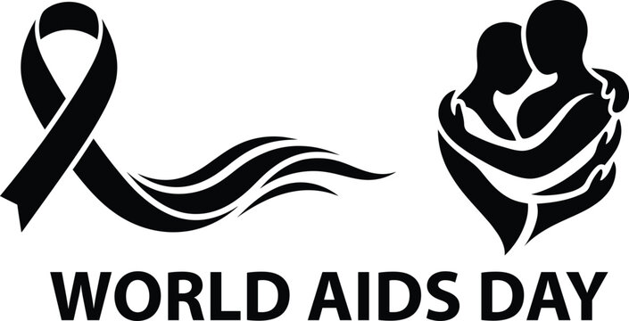 World aids day awareness symbol with red ribbon and embracing couple illustration human connection health care solidarity community campaign