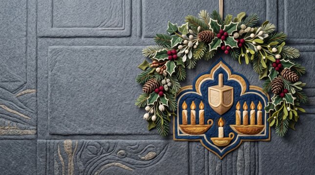 Creative Hanukkah and Christmas pine wreath enclosing a Menorah and Dreidel medallion with Copy Space Background rendered in soft Needle Felt art style.