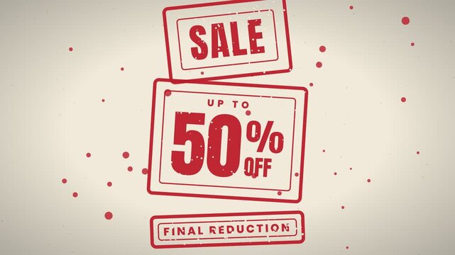Animated red rubber stamps displaying sale and fifty percent off discount messages on a light background.