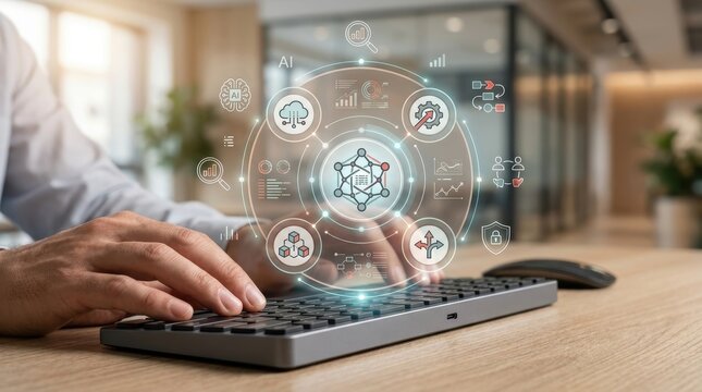 Business professional working on a computer with a futuristic digital interface showing artificial intelligence, data analytics, and cloud computing icons
