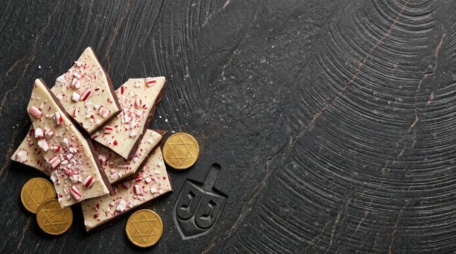 Peppermint Bark and Hanukkah Gelt Flat Lay Copy Space Background with Chocolate Dreidel on Slate Texture Food Photography for Interfaith Holidays