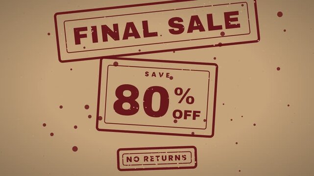 Animated vintage red rubber stamps with final sale and eighty percent off text on a grunge paper background