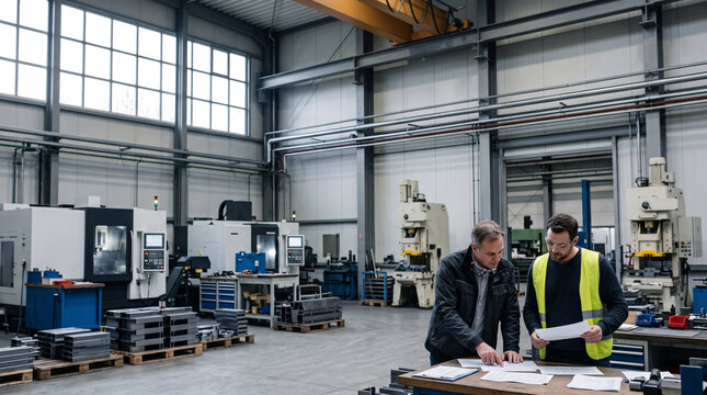 Responsables industriels &eacute;tudiant des plans dans une usine