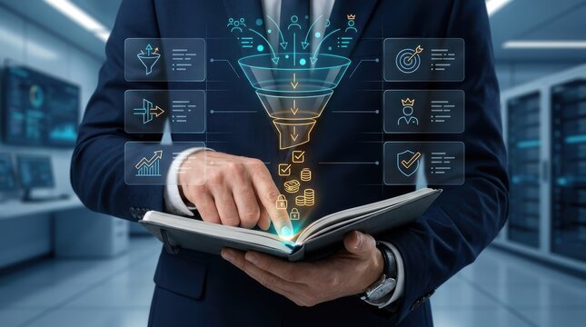 Businessman interacting with a digital marketing funnel and business growth data visualization in a hightech office environment