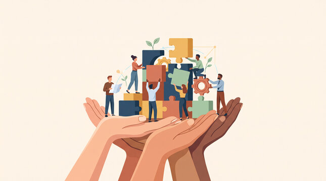 Illustration de mains portant des personnages et b&acirc;timents communautaires