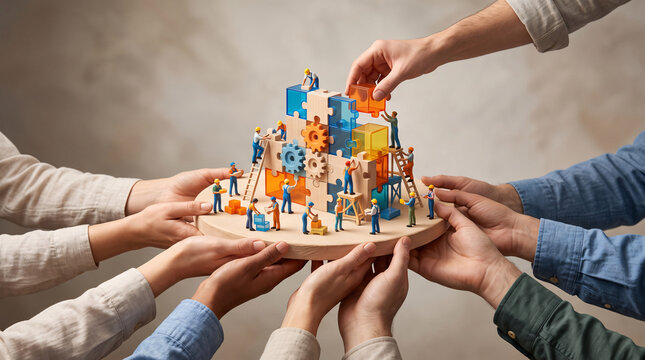 &Eacute;quipe soutenant une petite maquette de ville color&eacute;e &agrave; plusieurs mains