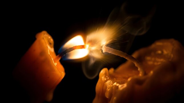 Macro close-up of two candle wicks touching and sparking fire in the dark