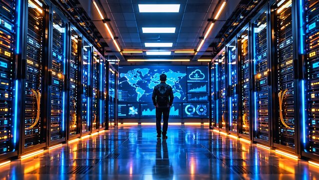 It technician standing inside a modern server room hallway with glowing blue computer racks data center cloud infrastructure network engin