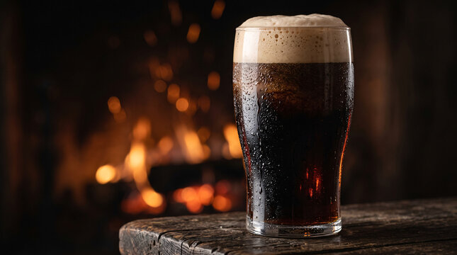 Pinte de stout brune avec mousse et condensation devant une chemin&eacute;e