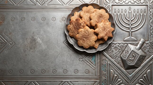 Hanukkah and Christmas Biscochitos Copy Space Background with Menorah, Dreidel, Star Cookies, and Embossed Metal Relief Surface Detail