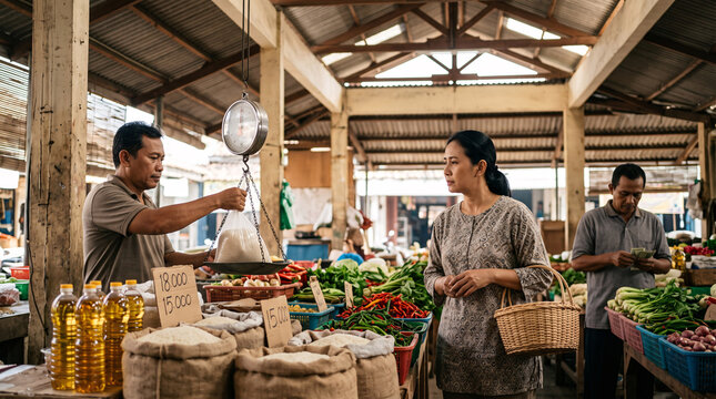 Cliente comparant les prix des denr&eacute;es chez un marchand de march&eacute;
