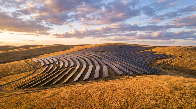 Parc photovolta&iuml;que install&eacute; dans un champ vallonn&eacute; &agrave; la lumi&egrave;re du soir