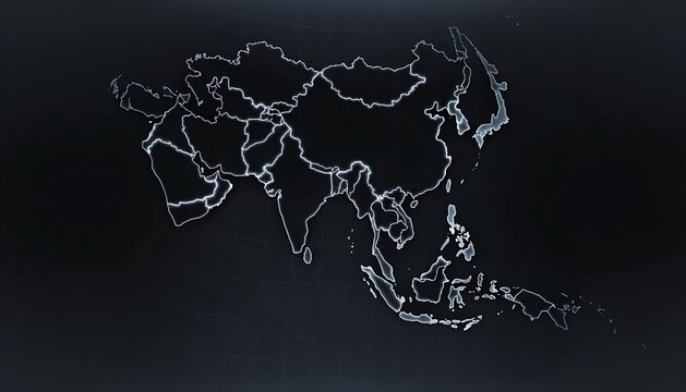 Digital outline map of Asia with illuminated borders on dark technology background representing geopolitical data visualization regional mapping and analytics generated ai