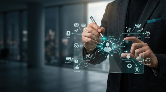 Businessman interacting with a digital customer relationship management interface, visualizing data connectivity and business service integration in a modern office