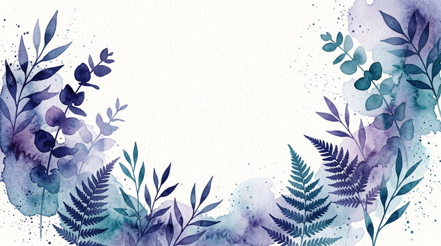 Composition aquarelle de feuilles bleues et violettes formant une bordure