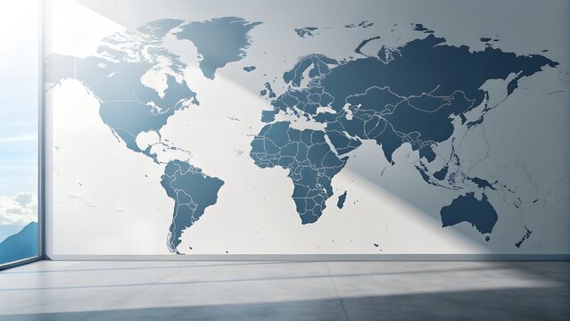Modern corporate office interior featuring large world map wall display global business strategy headquarters design international logistics and connectivity generated ai