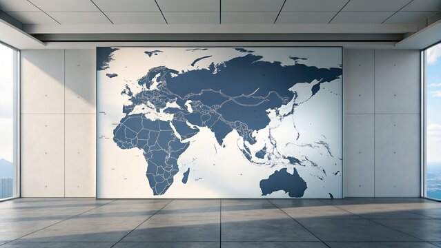 Modern corporate office interior featuring large world map wall display global business strategy headquarters design international logistics and connectivity generated ai