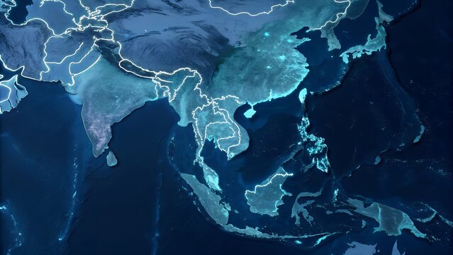 Global satellite view of Asia Pacific region with illuminated digital network connections world map technology infrastructure data communication and geospatial monitoring generated ai