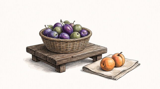 Panier rustique rempli de prunes m&ucirc;res sur petite palette de bois