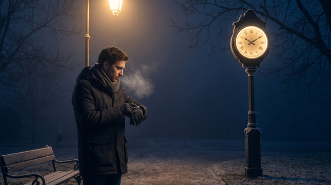 Passant en manteau regardant son poignet sous une horloge de rue