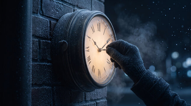 Personne ajustant une horloge murale ext&eacute;rieure par temps glacial