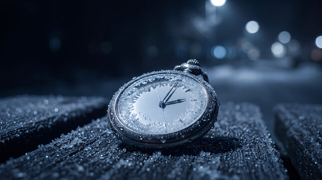 Montre &agrave; gousset glac&eacute;e pos&eacute;e sur une pierre pendant la nuit