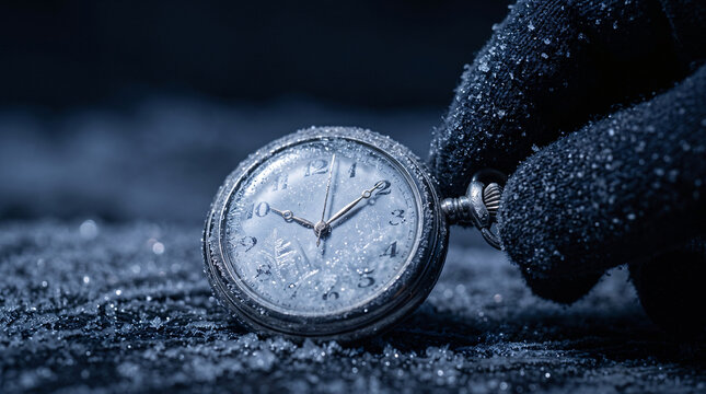 Main gant&eacute;e pr&egrave;s d&rsquo;une montre ancienne recouverte de givre