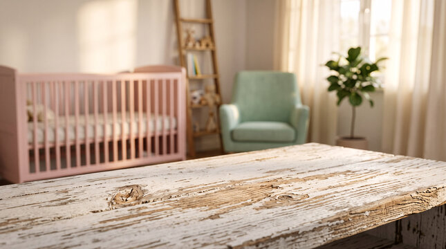 Planche de bois vieilli devant une chambre de b&eacute;b&eacute; floue