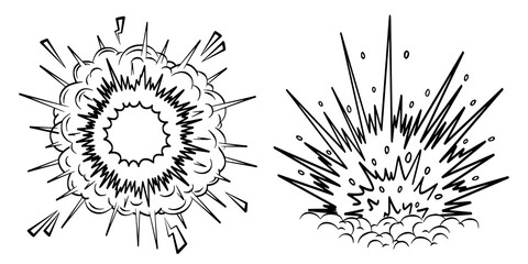 Black Line Art Comic Explosion Bursts with Spiky Rays and Smoke Clouds on Transparent Background © Sreeman