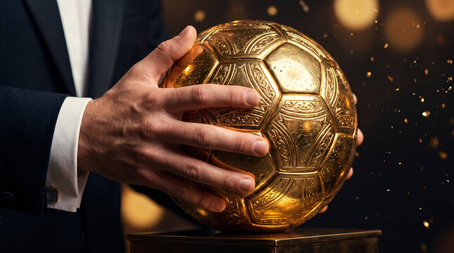 Gros plan sur un ballon de football dor&eacute; tenu dans les mains