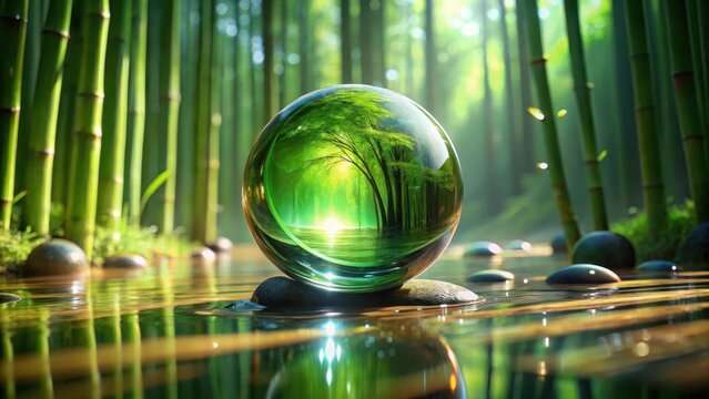 A slender emeraldgreen card made from reclaimed bamboo and infused with microalgae thrums softly in a crystal orb