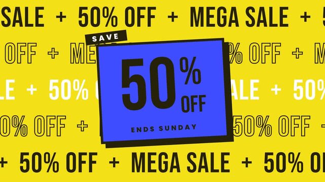 Graphic animation of a mega sale promotional banner with a fifty percent discount offer scrolling on a bright yellow background.