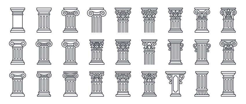 Greek architectural column styles isolated on transparent background. Classical column designs for architecture. Doric, Ionic, Corinthian, Tuscan, Composite columns. Vector illustration.