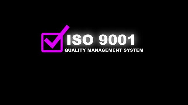 Minimal ISO 9001 Quality Management System certification banner featuring a white checkmark inside a square icon with bold ISO 9001 text on a black background.4K