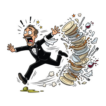 Funny clumsy cartoon waiter falling and dropping a stack of dishes vector illustration