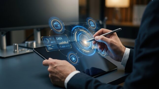 Business professional using a digital tablet with futuristic holographic data interface and cybersecurity icons in a modern office environment