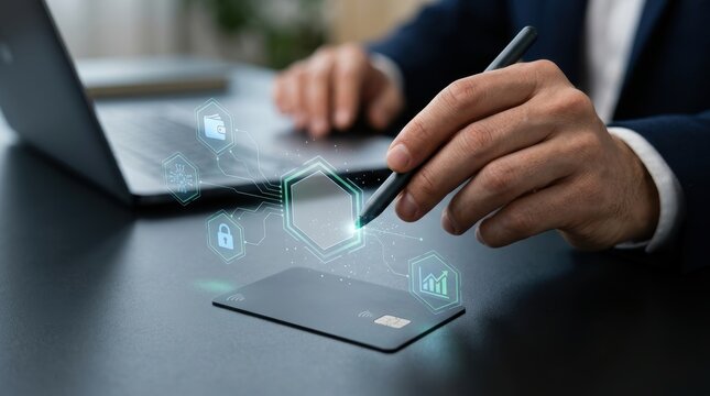 Businessman using a digital pen to interact with a holographic interface above a credit card on a desk