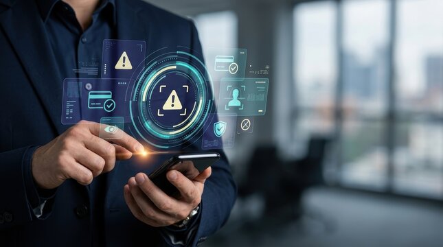 Businessman using a smartphone with digital security and fraud protection interface icons, representing cyber security and data privacy concepts