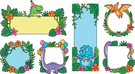 Cute dinosaur frame collection featuring cartoon reptiles tropical jungle leaves balloons for birthday party invitations template © MdFahim